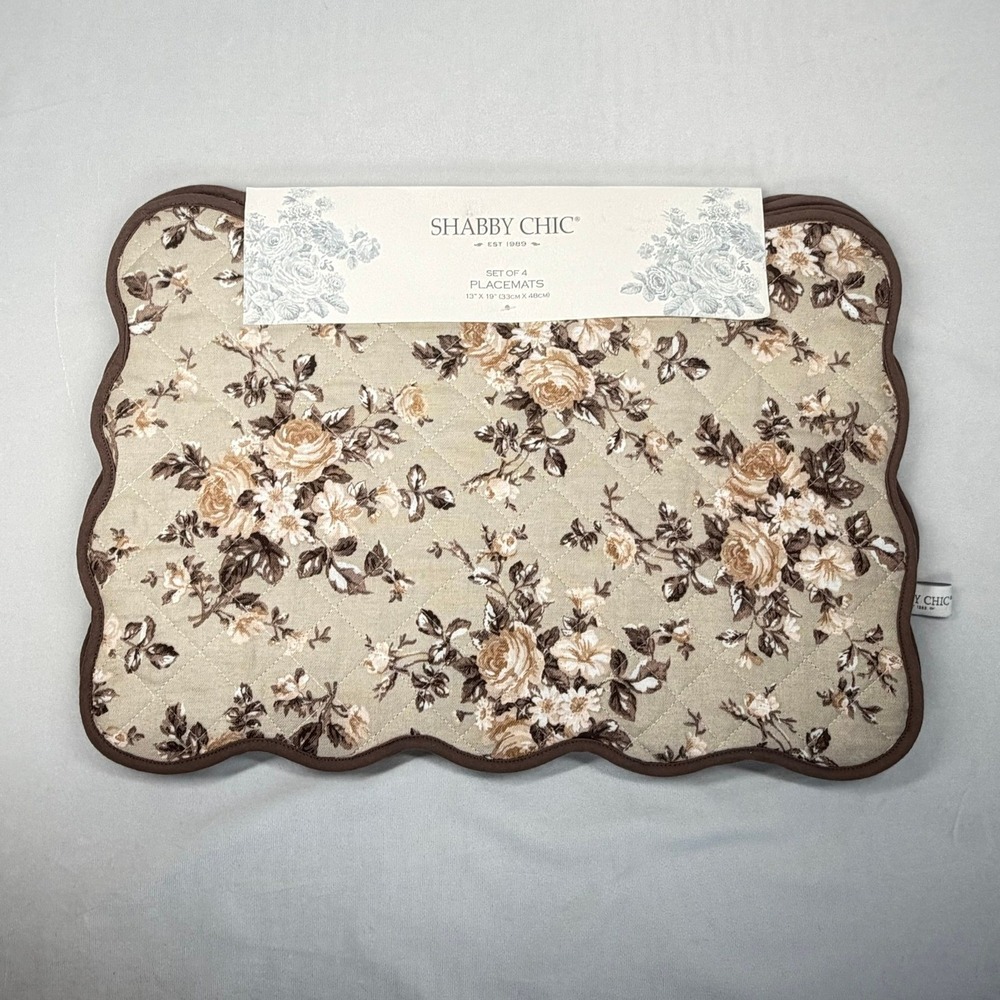 Shabby Chic Floral Quilted Placemats Set of 4 Tan Brown Roses Scalloped 13x19